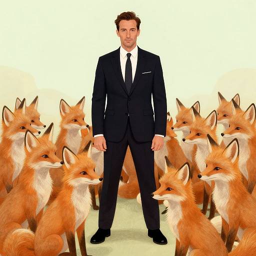 Photograph-style digital art of a handsome man in a black suit, white shirt, and tie standing among multiple realistic red foxes.