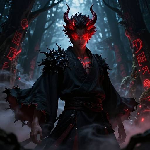 Digital artwork of a demonic warrior with glowing red eyes and horns, wearing a black, spiked robe, in a dark, misty forest. Red runes