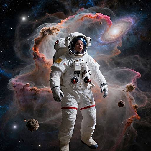 Photorealistic digital artwork of an astronaut in a white spacesuit floating in a vibrant, colorful space nebula with swirling clouds and floating asteroids.