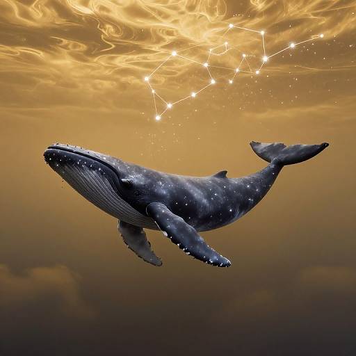 Celestial Stardust Whales in Golden Sky