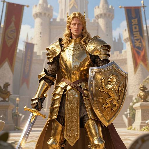CGI image of a blond, muscular knight in golden armor with a lion-embossed shield, standing before a castle with banners. Sunlit,