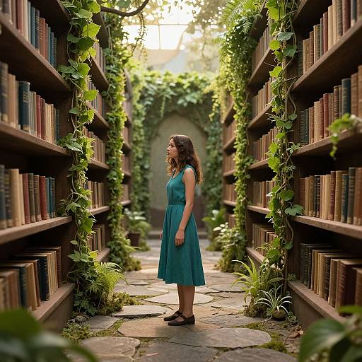 Photograph of a young woman in a teal dress, standing in a lush, ivy-covered library aisle with towering bookshelves.