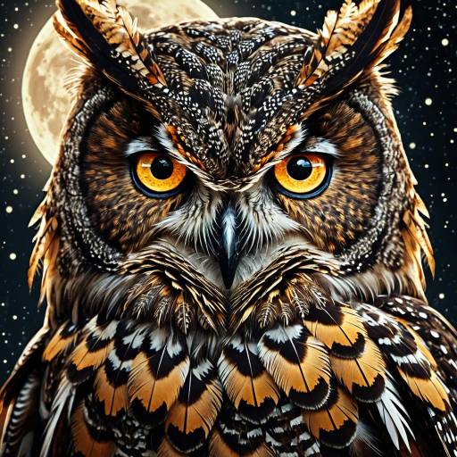 Mystical Owl with Amber Eyes and Full Moon