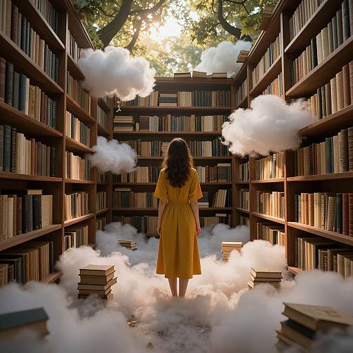 Photograph of a woman in a yellow dress standing in a magical library with floating clouds, books, and sunlight filtering through trees.