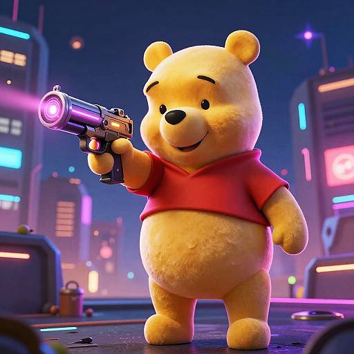 Cyberpunk Winnie the Pooh with Laser Gun