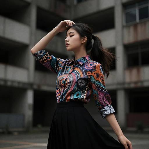 Young Woman in Colorful Shirt and Black Skirt Portrait