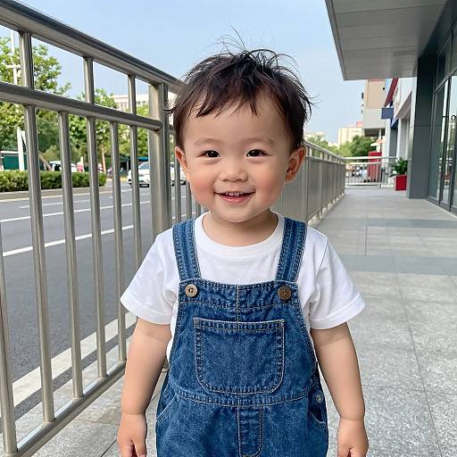 Photograph of a smiling Asian toddler with short black hair, wearing a white shirt and blue denim overalls, standing on a sunny urban sidewalk beside a