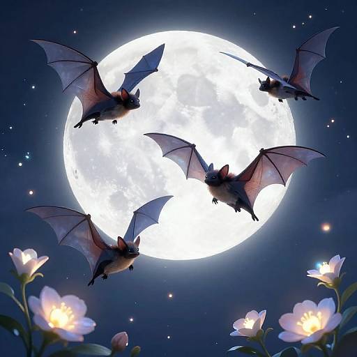 Digital illustration of five bats flying around a bright full moon, with glowing white flowers in the foreground against a starry night sky.