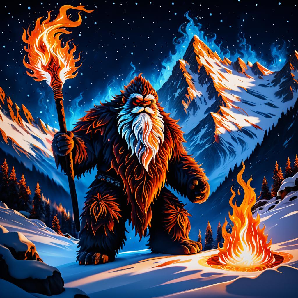 Yeti in Fiery Snowy Mountain Landscape