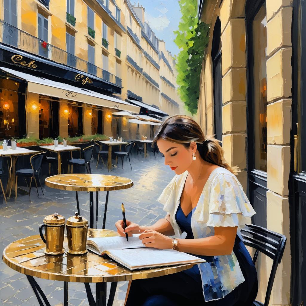 Elegant Woman Sketching at Paris Café