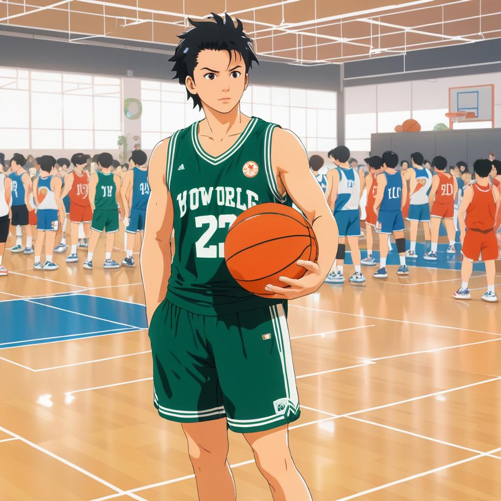 Anime Basketball Player in Bustling Gym