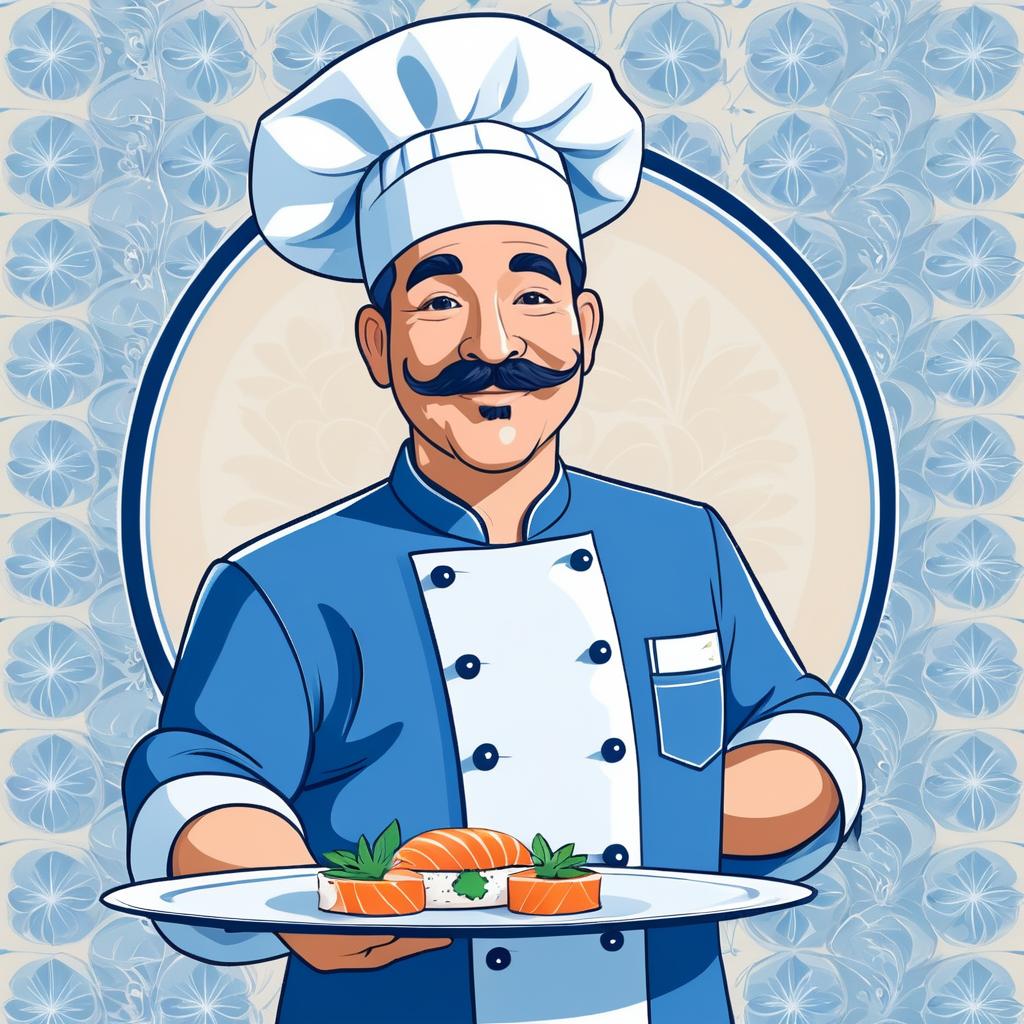 Cheerful Chef with Sushi Platter Illustration