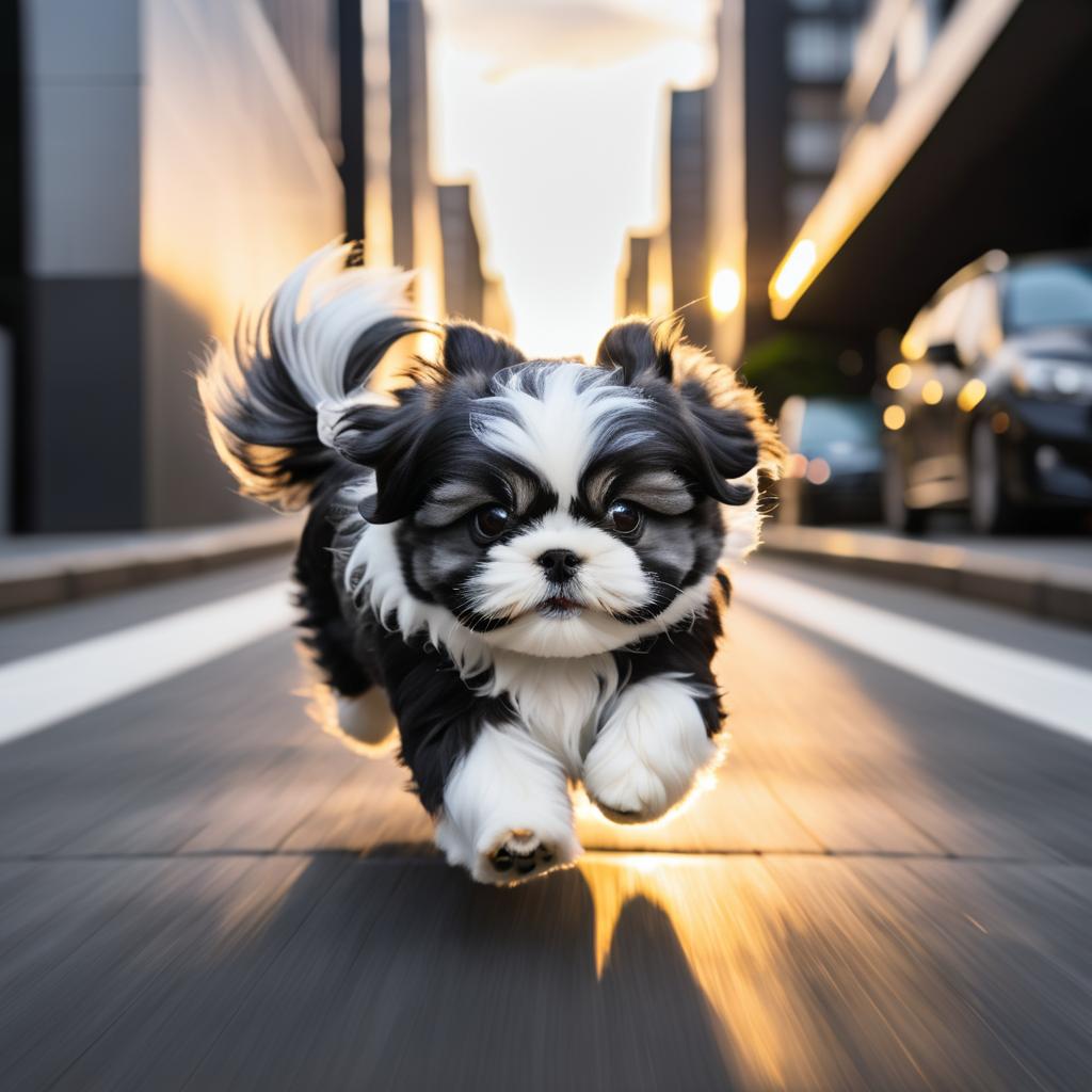 Shih Tzu Running in Urban Sunset