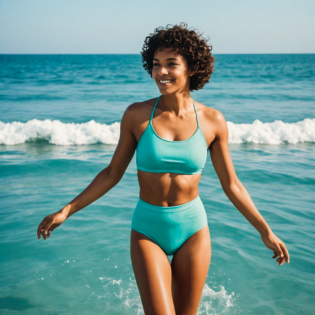 Joyful Swimmer in Ribbed High-Waisted Bikini