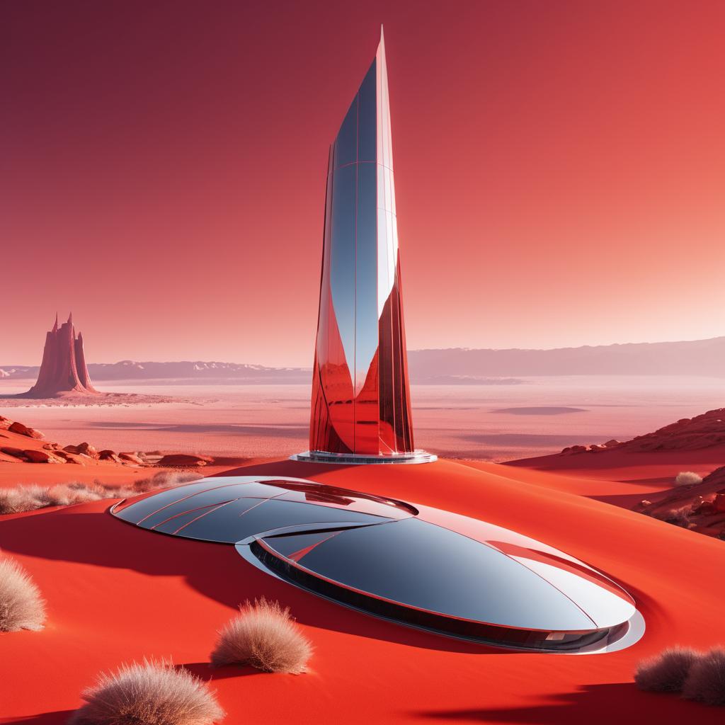 Surreal Martian Tower in Chrome Landscape