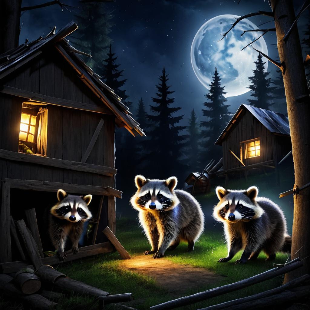 Mischievous Raccoons in Rustic Barn