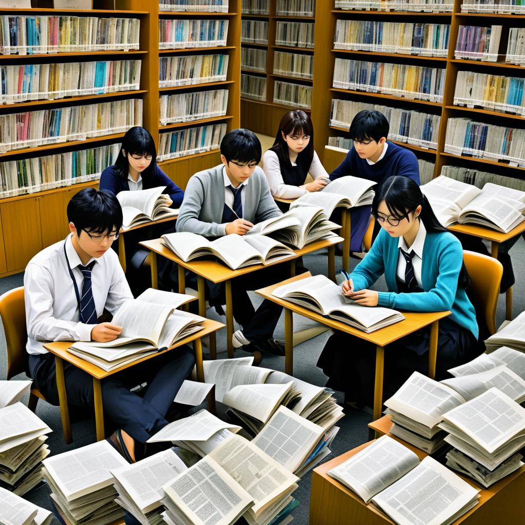 Somber Students in a Library Setting