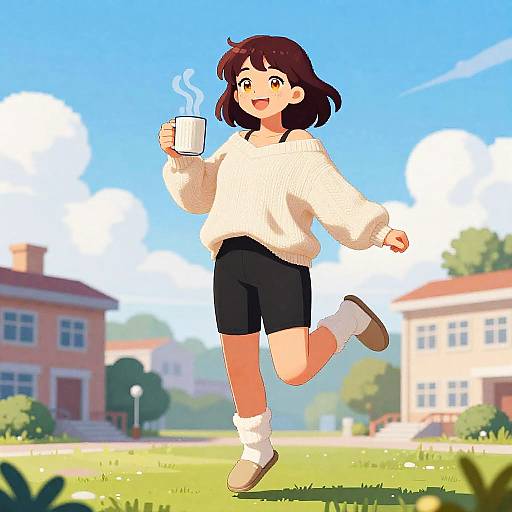 Cozy Pixel-Art Girl Jumping with Mug