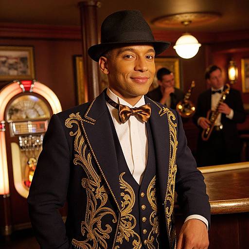 Photograph of a smiling man in an ornate black jacket with gold embroidery, bow tie, and black hat, standing in a dimly lit bar