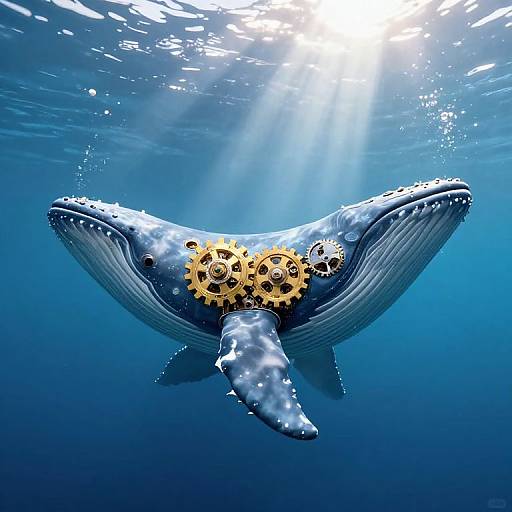 Photograph of a blue whale with intricate gold gears embedded on its head, swimming underwater in bright sunlight.