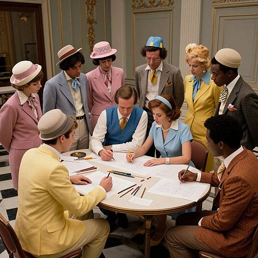 Photograph of 1940s-style group meeting: diverse men and women in colorful suits and hats, seated around a white table, discussing documents in