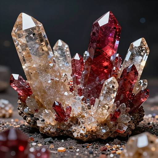 Close-up photograph of a cluster of red and clear quartz crystals, illuminated from within, with a dark, blurred background.