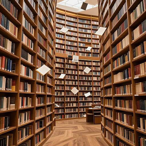 Photograph of a spacious, wood-paneled library with tall, curved bookshelves on both sides, filled with books, and white floating papers hanging
