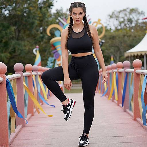 Photograph of a fit woman with braided hair, wearing a black sports bra and leggings, black sneakers, striking a pose on a colorful bridge in