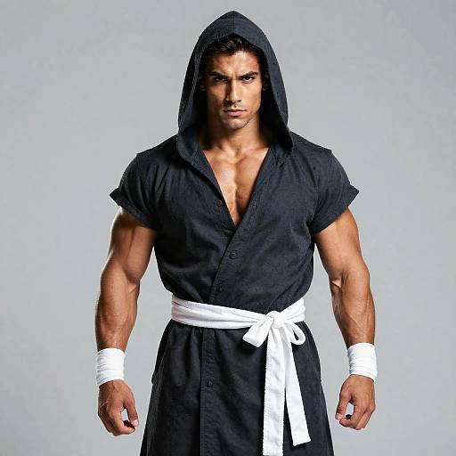 Photograph of a muscular man with tan skin, wearing a black hooded shirt, white belt, and wristbands, against a plain light gray background