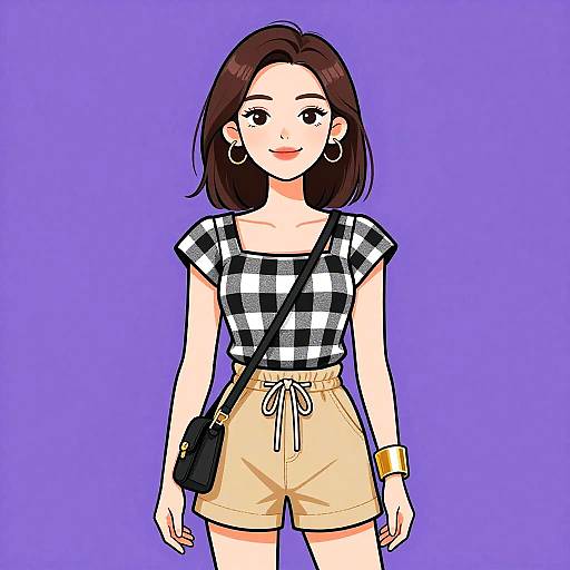 Digital illustration of a smiling young woman with brown hair, wearing a black-and-white checkered top, beige shorts, and gold accessories, against a purple