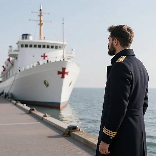 Bearded Man on Pier Gazing at Ship