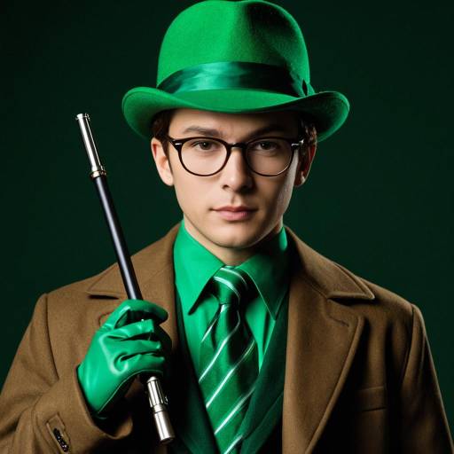 Young Man in Green Riddler Costume with Cane