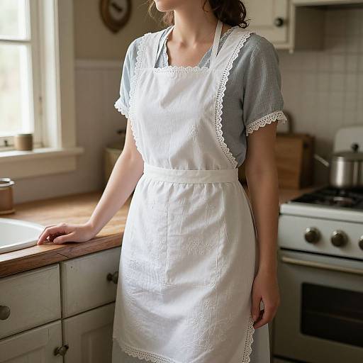 Photograph of a woman in a white, lace-trimmed apron and gray, short-sleeved shirt standing in a sunlit kitchen.