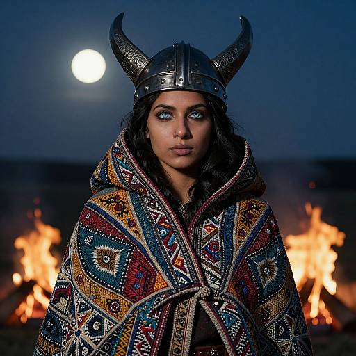 Photograph of a woman with blue eyes, wearing a Viking helmet with horns, colorful patterned cloak, and intense gaze, standing in front of a