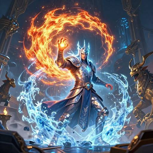 Digital fantasy artwork of a armored, horned mage wielding fire and ice, surrounded by swirling flames and icy blue energy in a dark, gothic cathedral