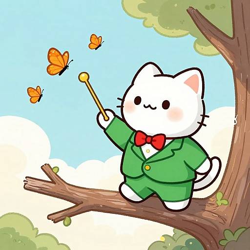 Chibi white cat in green suit and red bowtie, holding magic wand, charming orange butterflies on tree branch, bright blue sky.