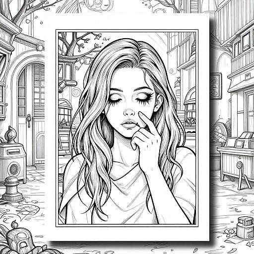Black-and-white digital manga-style drawing of a wistful woman with long hair, eyes closed, touching her lips, framed within a cityscape background