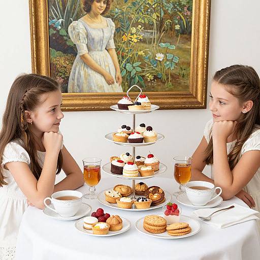 Photograph of two young girls in white dresses, smiling at each other over a tiered dessert table with tea, cake, and fruit, in front