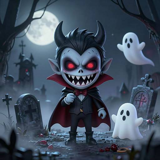 Chibi Horror Creatures in Moonlit Graveyard