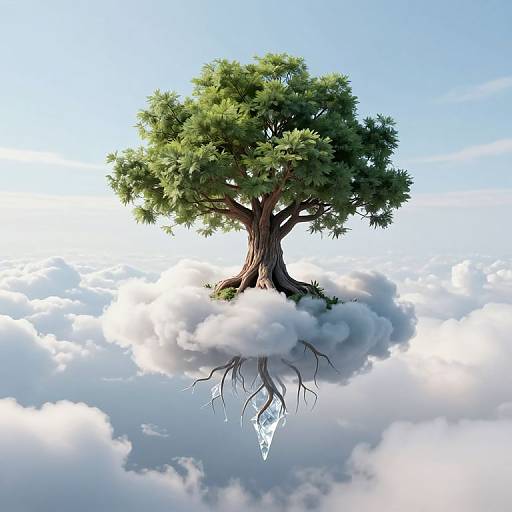 Digital artwork of a lush green tree with visible roots floating on a fluffy white cloud against a bright blue sky.