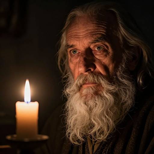 Photograph of an elderly man with a white beard and long hair, illuminated by a single glowing candle, against a dark background. His expressive eyes look