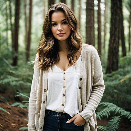 Young Woman in Cardigan in Forest