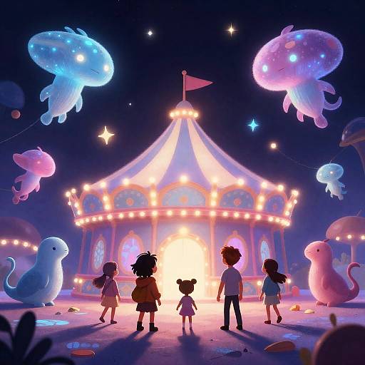 Interstellar Bioluminescent Carnival Storybook Illustration