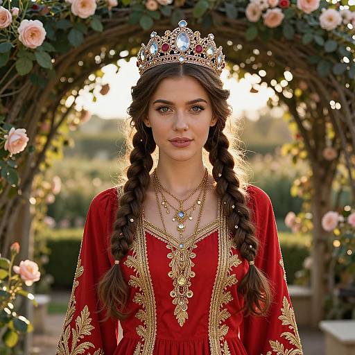 Elegant Woman in Ornate Garden Attire