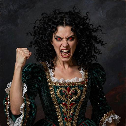 Photograph of a fierce woman with wild curly black hair, red glowing eyes, and an open mouth snarl, wearing an ornate dark green velvet