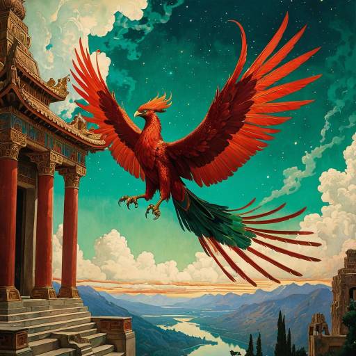 Ethereal Floating Phoenix Above Ancient Temple