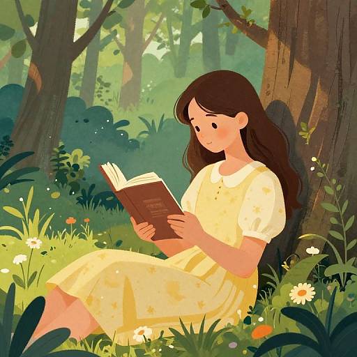 Digital illustration of a young girl with long brown hair, wearing a yellow dress, reading a book while sitting against a tree in a sunlit, lush