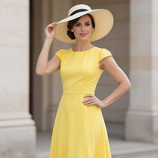 Photograph of a woman in a bright yellow, short-sleeve, knee-length dress, wearing a large white sunhat, standing confidently with one