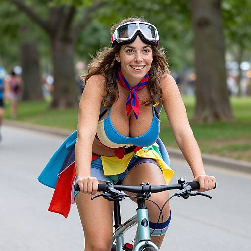 Photograph of a smiling woman with long brown hair, large breasts, wearing goggles, a blue sports bra, colorful skirt, and a red necktie