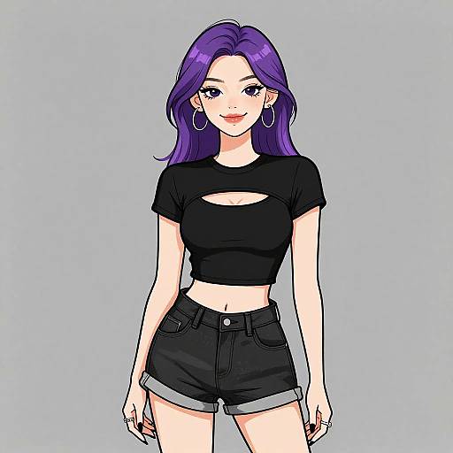 Anime-style digital drawing of a fair-skinned woman with purple hair, wearing a black crop top and high-waisted black shorts, standing against a